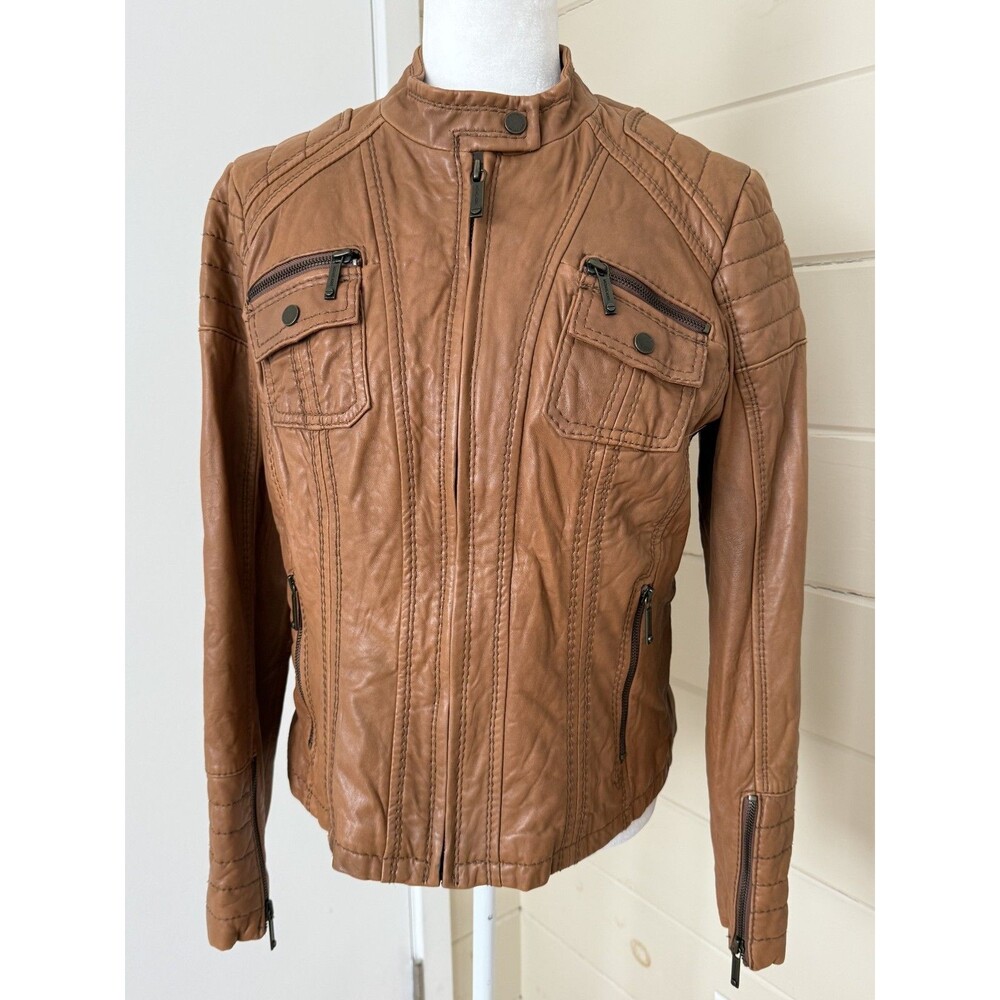 Michael Kors Buttery Leather Zip Front Camel  Racer Jacket Sz L Outwear Capsule - Picture 3 of 9
